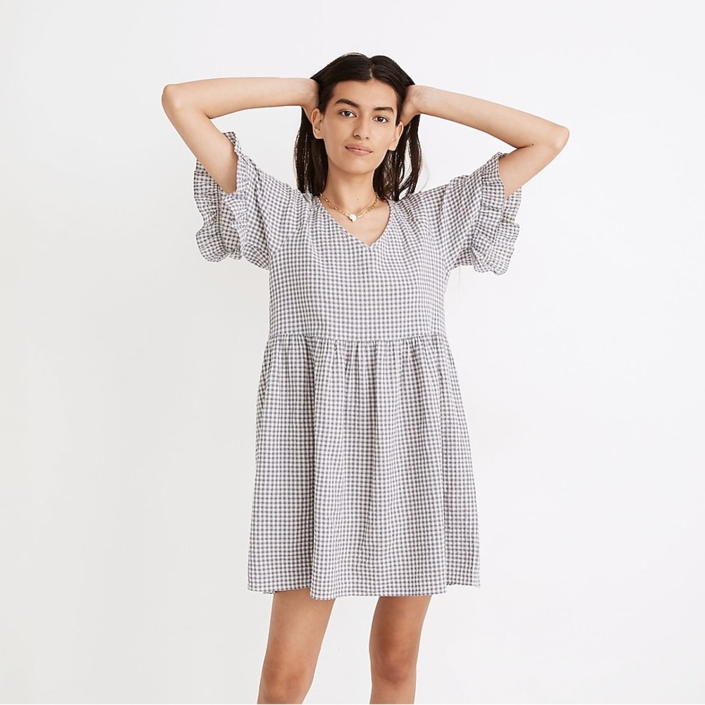 Madewell Ruffle-Sleeve Babydoll Dress Seersucker Gingham Size Large